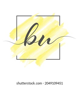 Calligraphic lowercase letters BU in a single line on a colored background in a frame. Vector illustration isolated on a white background. Creative design.
