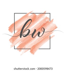 Calligraphic lowercase letters BW in a single line on a colored background in a frame. Vector illustration isolated on a white background. Creative design.