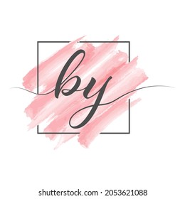 Calligraphic lowercase letters BY in a single line on a colored background in a frame. Vector illustration isolated on a white background. Creative design.