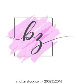Letras caligráficas minúsculas BZ en una sola línea sobre un fondo de color en un marco. Ilustración vectorial aislada en un fondo blanco. Diseño creativo.