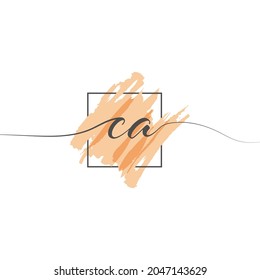 Letra caligráfica minúscula CA en una sola línea sobre un fondo de color en un marco. Ilustración vectorial Estilo sencillo