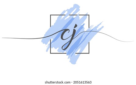 Calligraphic lowercase letters CJ in a single line on a colored background in a frame. Vector Illustration Simple Style