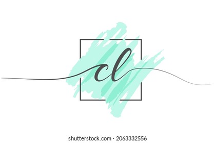 Calligraphic lowercase letters CL in a single line on a colored background in a frame. Vector Illustration Simple Style