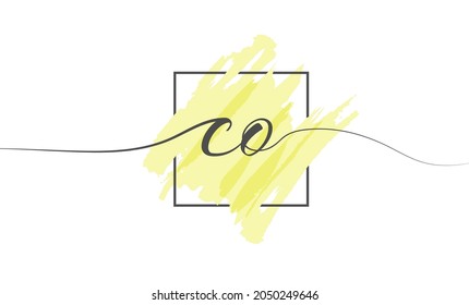 Calligraphic lowercase letters CO in a single line on a colored background in a frame. Vector Illustration Simple Style