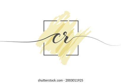Calligraphic lowercase letters CR in a single line on a colored background in a frame. Vector Illustration Simple Style