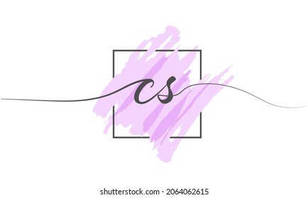 Calligraphic lowercase letters CS in a single line on a colored background in a frame. Vector Illustration Simple Style
