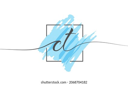 Calligraphic lowercase letters CT in a single line on a colored background in a frame. Vector Illustration Simple Style