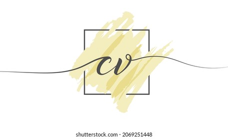 Calligraphic lowercase letters CV in a single line on a colored background in a frame. Vector Illustration Simple Style