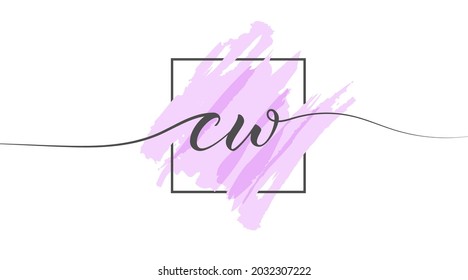Letras caligráficas en minúsculas CW en una sola línea sobre un fondo de color en un marco. Ilustración vectorial Estilo sencillo