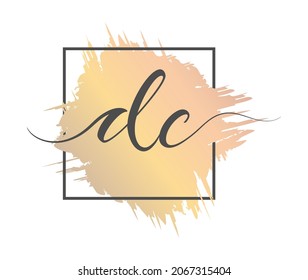 calligraphic lowercase letters DC are written in a solid line on a colored background in a frame. Vector illustration. Simple Style