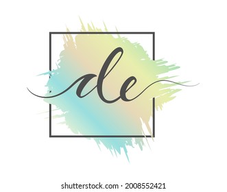 calligraphic lowercase letters DE are written in a solid line on a colored background in a frame. Vector illustration. Simple Style