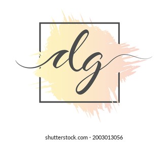 calligraphic lowercase letters DG are written in a solid line on a colored background in a frame. Vector illustration. Simple Style