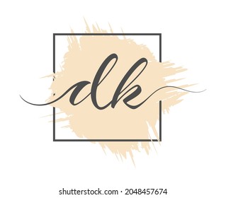 calligraphic lowercase letters DK are written in a solid line on a colored background in a frame. Vector illustration. Simple Style