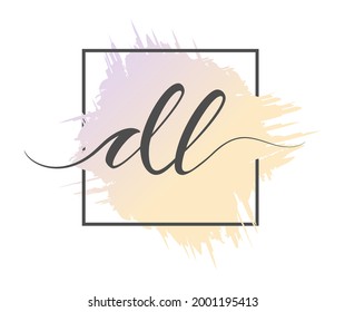 kalligrafische Kleinbuchstaben DL werden in einer festen Zeile auf buntem Hintergrund in einem Rahmen geschrieben. Vektorgrafik. Einfache Stilrichtung