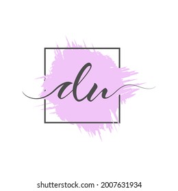 calligraphic lowercase letters DU are written in a solid line on a colored background in a frame. Vector illustration. Simple Style