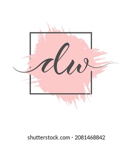 las letras caligráficas minúsculas DW se escriben en una línea sólida sobre un fondo de color en un marco. Ilustración vectorial. Estilo sencillo