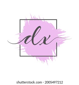 calligraphic lowercase letters DX are written in a solid line on a colored background in a frame. Vector illustration. Simple Style
