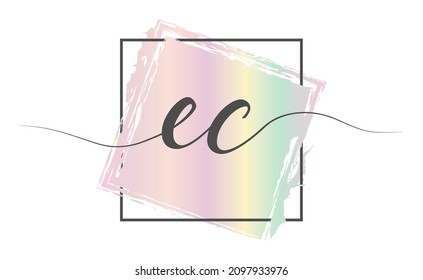 Calligraphic lowercase letters EC in a single line on a colored background in a frame. Vector illustration. Simple Style