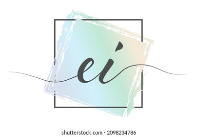 Calligraphic lowercase letters EI in a single line on a colored background in a frame. Vector illustration. Simple Style