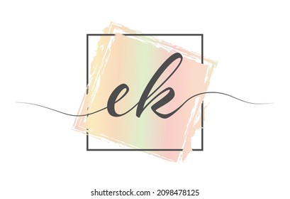 Calligraphic lowercase letters EK in a single line on a colored background in a frame. Vector illustration. Simple Style