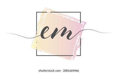 Calligraphic lowercase letters EM in a single line on a colored background in a frame. Vector illustration. Simple Style