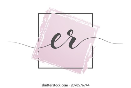 Calligraphic lowercase letters ER in a single line on a colored background in a frame. Vector illustration. Simple Style