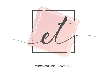Calligraphic lowercase letters ET in a single line on a colored background in a frame. Vector illustration. Simple Style