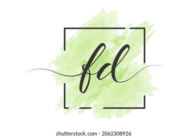 calligraphic lowercase letters F and D are written in a solid line on a colored background in a frame. Simple Style