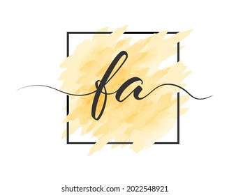 calligraphic lowercase letters F and A are written in a solid line on a colored background in a frame. Simple Style