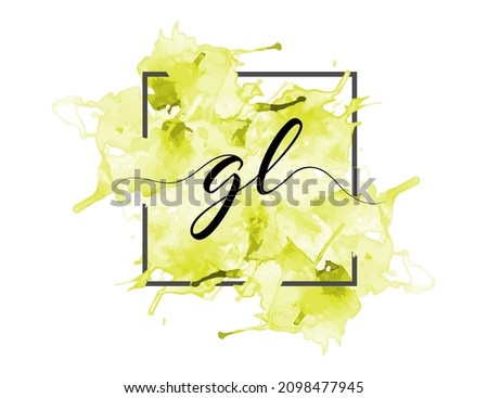 calligraphic lowercase letters G and L are written in a solid line on a colored background in a frame. Simple Style Stock fotó © 