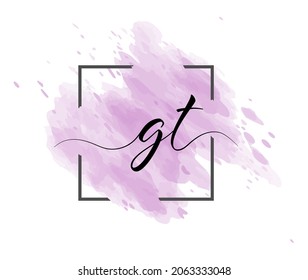 calligraphic lowercase letters G and T are written in a solid line on a colored background in a frame. Simple Style