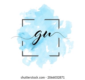 calligraphic lowercase letters G and U are written in a solid line on a colored background in a frame. Simple Style