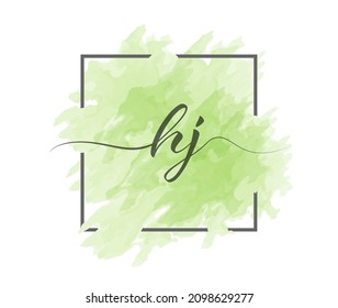 calligraphic lowercase letters H and J are written in a solid line on a colored background in a frame. Simple Style