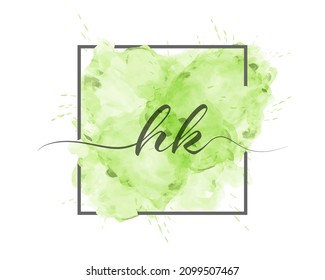 calligraphic lowercase letters H and K are written in a solid line on a colored background in a frame. Simple Style