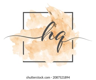 calligraphic lowercase letters H and Q are written in a solid line on a colored background in a frame. Simple Style