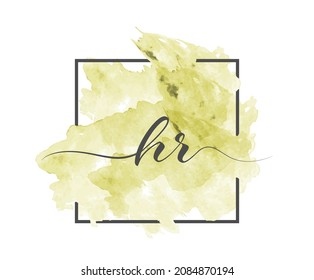 calligraphic lowercase letters H and R are written in a solid line on a colored background in a frame. Simple Style
