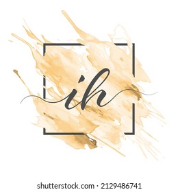 Calligraphic lowercase letters I and H are written in a solid line on a colored background in a frame.