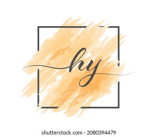 las letras caligráficas minúsculas H e Y se escriben en una línea sólida sobre un fondo de color en un marco. Estilo sencillo
