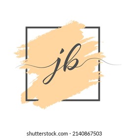 Calligraphic lowercase letters J and B are written in a solid line on a colored background in a frame.
