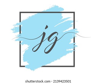 Calligraphic lowercase letters J and G are written in a solid line on a colored background in a frame.