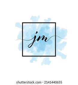 Calligraphic lowercase letters J and M are written in a solid line on a colored background in a frame.