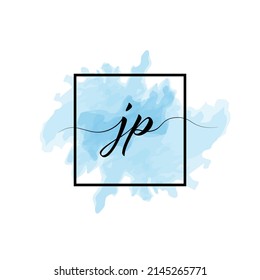 Calligraphic lowercase letters J and P are written in a solid line on a colored background in a frame.