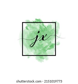 Calligraphic lowercase letters J and X are written in a solid line on a colored background in a frame.