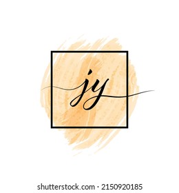 Calligraphic lowercase letters J and Y are written in a solid line on a colored background in a frame.