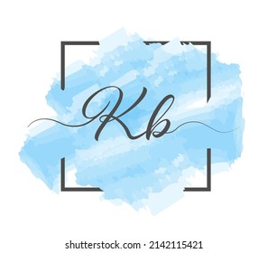 Calligraphic lowercase letters K and B are written in a solid line on a colored background in a frame.
