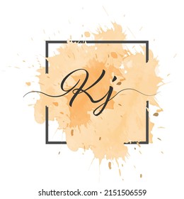 Calligraphic lowercase letters K and J are written in a solid line on a colored background in a frame.