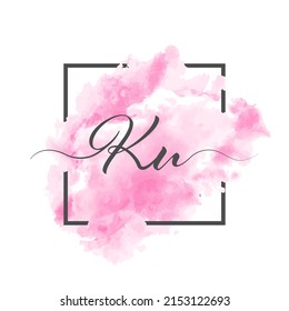 Calligraphic lowercase letters K and U are written in a solid line on a colored background in a frame.
