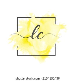Calligraphic lowercase letters L and C are written in a solid line on a colored background in a frame