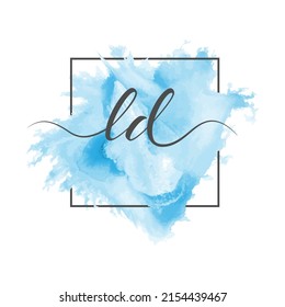 Calligraphic lowercase letters L and D are written in a solid line on a colored background in a frame