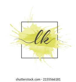 Calligraphic lowercase letters L and K are written in a solid line on a colored background in a frame